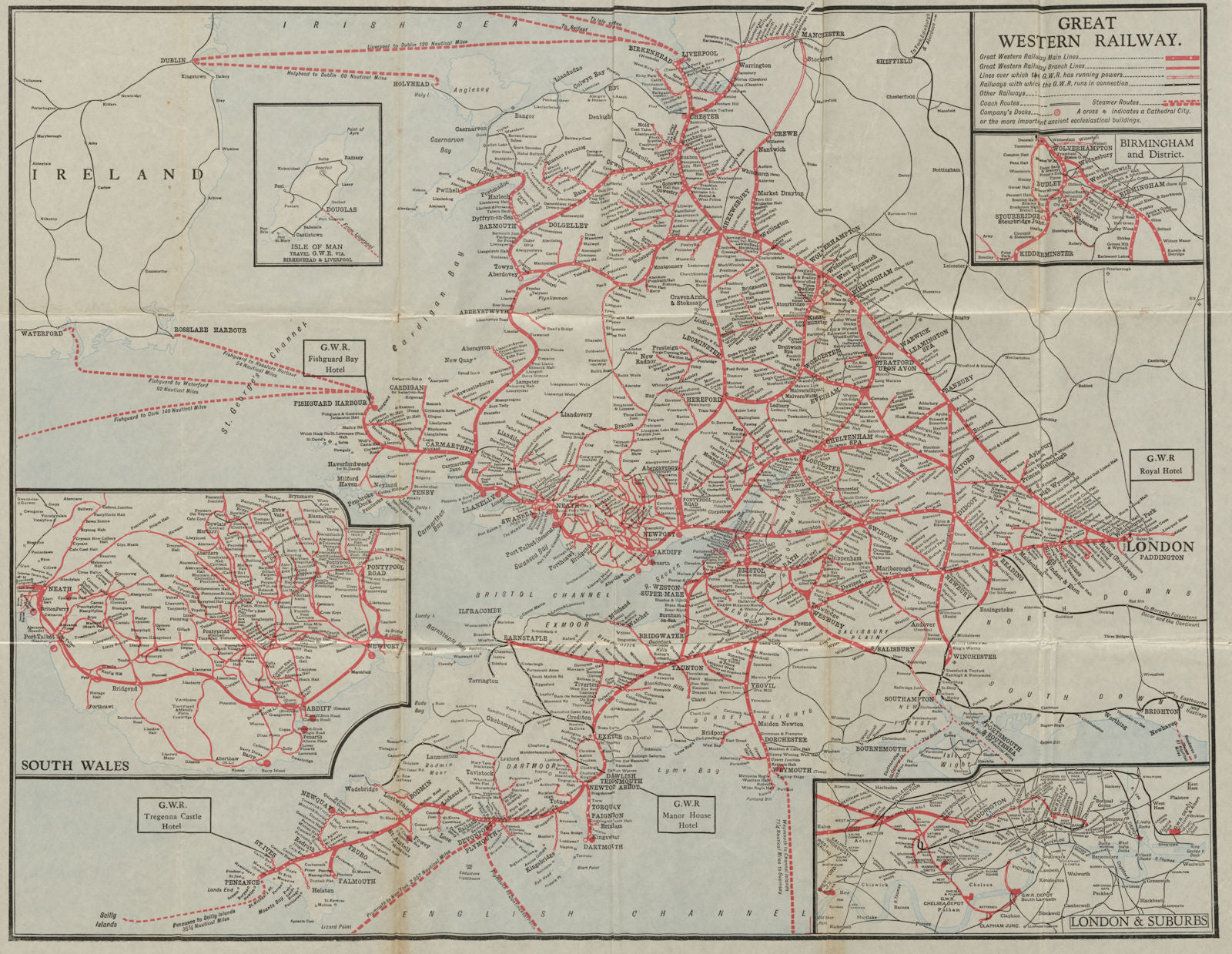The Great Western Railway network at its maximum extent. GWR c1930 old map